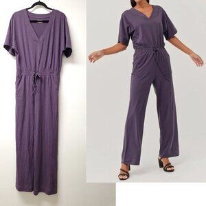 Pact Organic Cotton V Neck Short Sleeve Wide Leg Jumpsuit Currant Purple